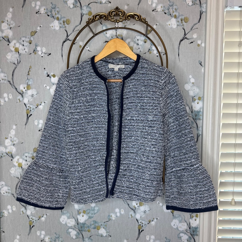 LOFT Women Blue White Marled Knit Bell Sleeve Open Front Cardigan Sweater Medium